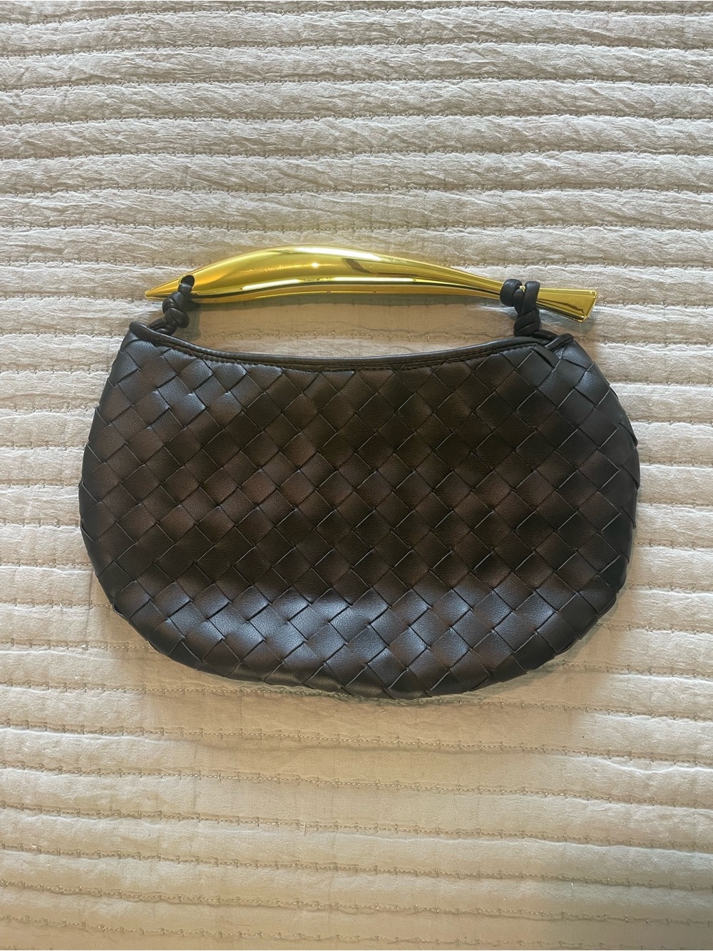 Woven Leather Wristlet in Dark Brown with Gold Handle Accent
